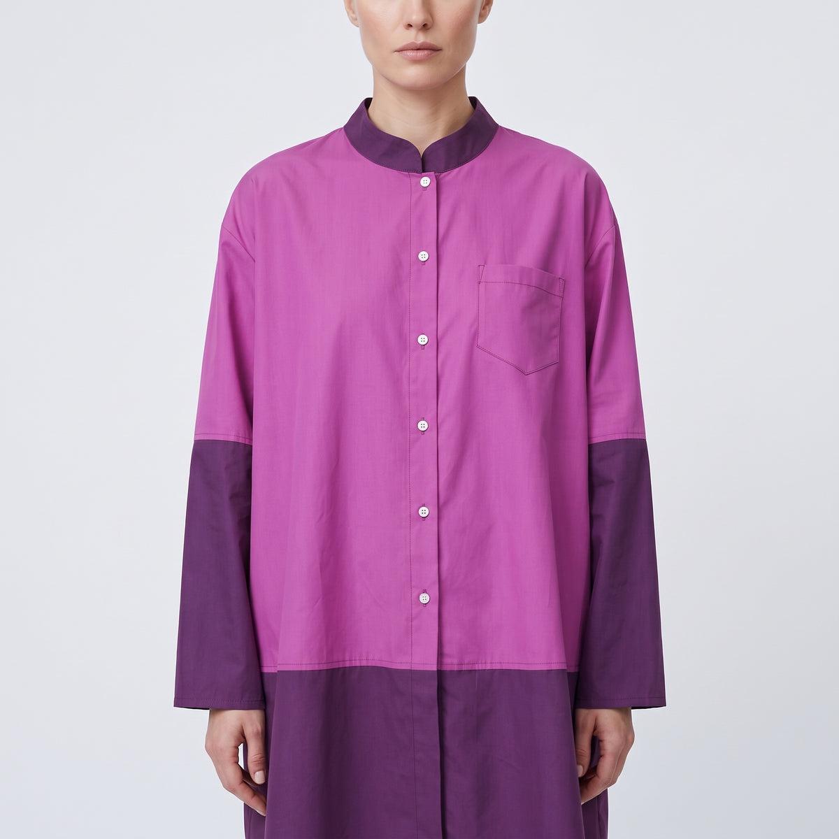 TSUNODA Color-Blocked Purple Band-Collar Shirt - view 2