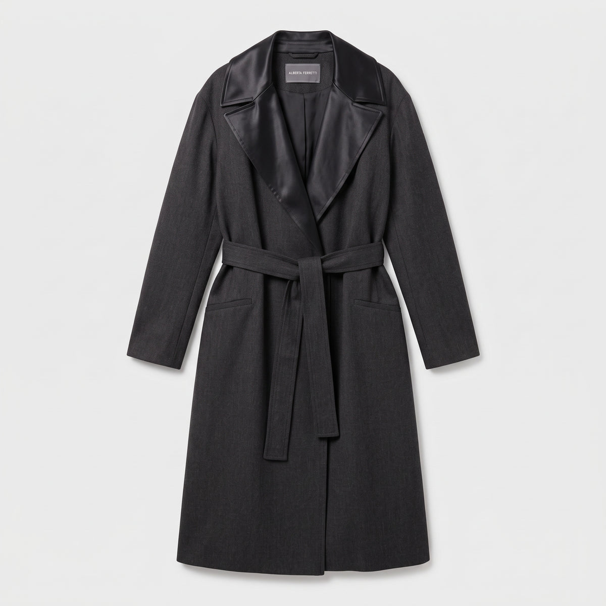 Satin Lapel Belted Wool Coat