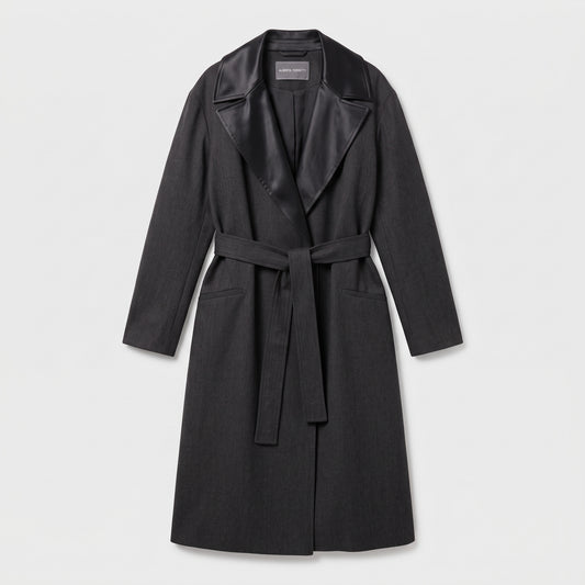 Satin Lapel Belted Wool Coat