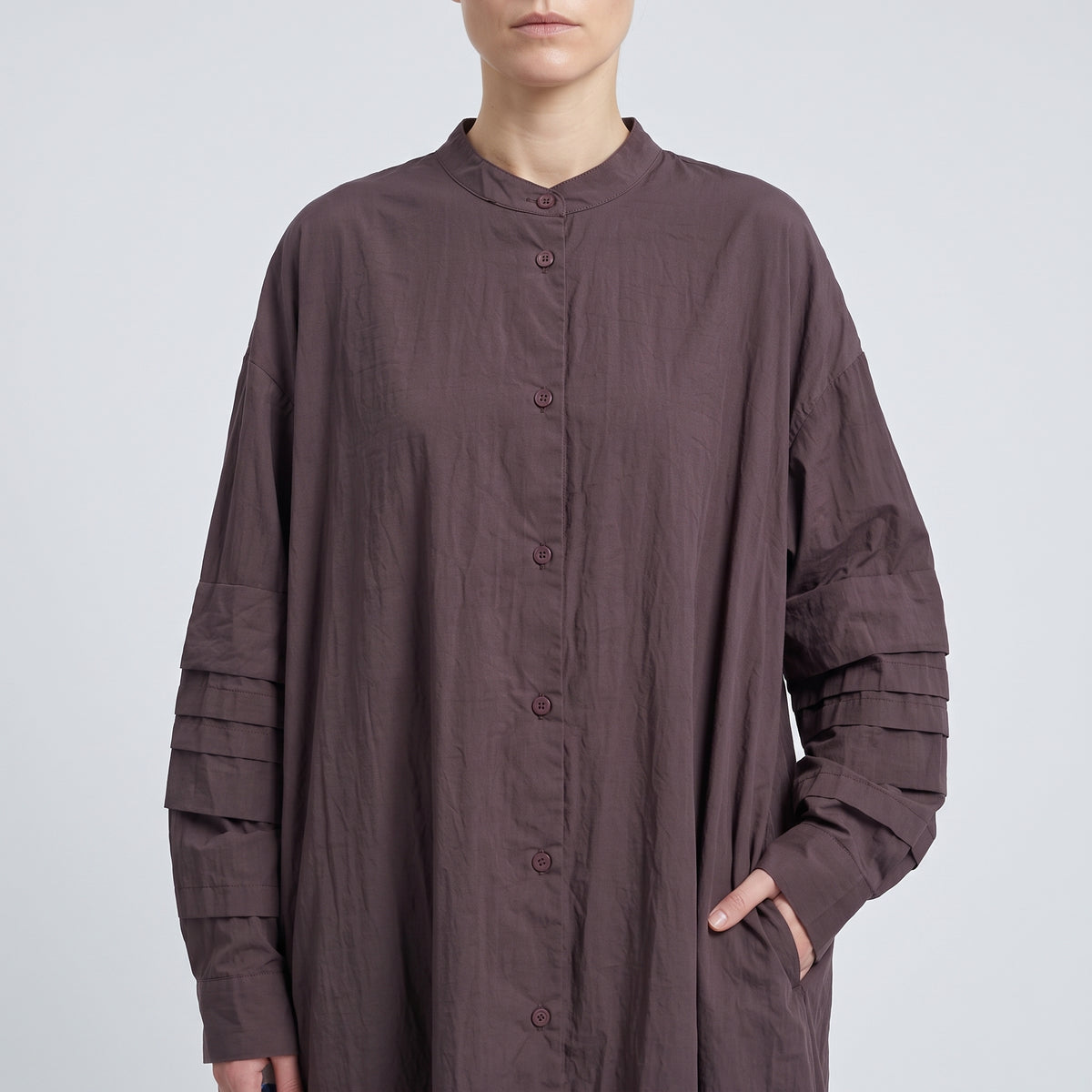 Pleated Sleeve Wine Shirt Dress