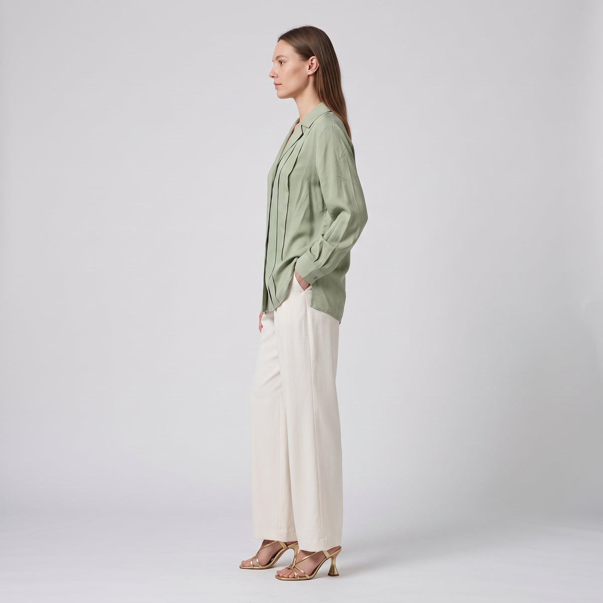 ALBERTA FERRETTI Sage Green Pintuck Lapel Shirt - view 4