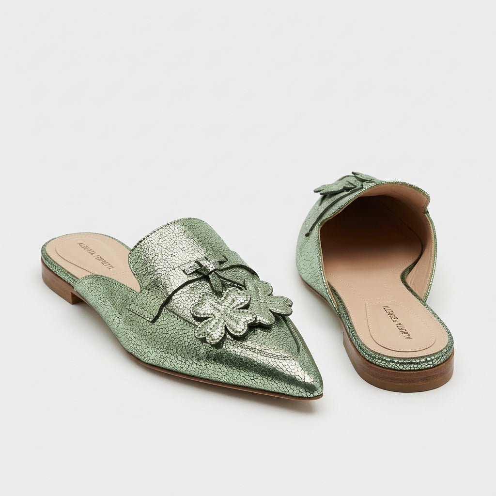 Metallic Green Floral Pointed Mules