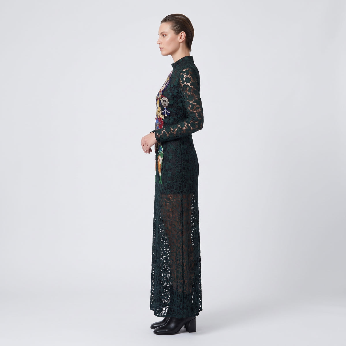 Beaded Emblem Lace Maxi Dress