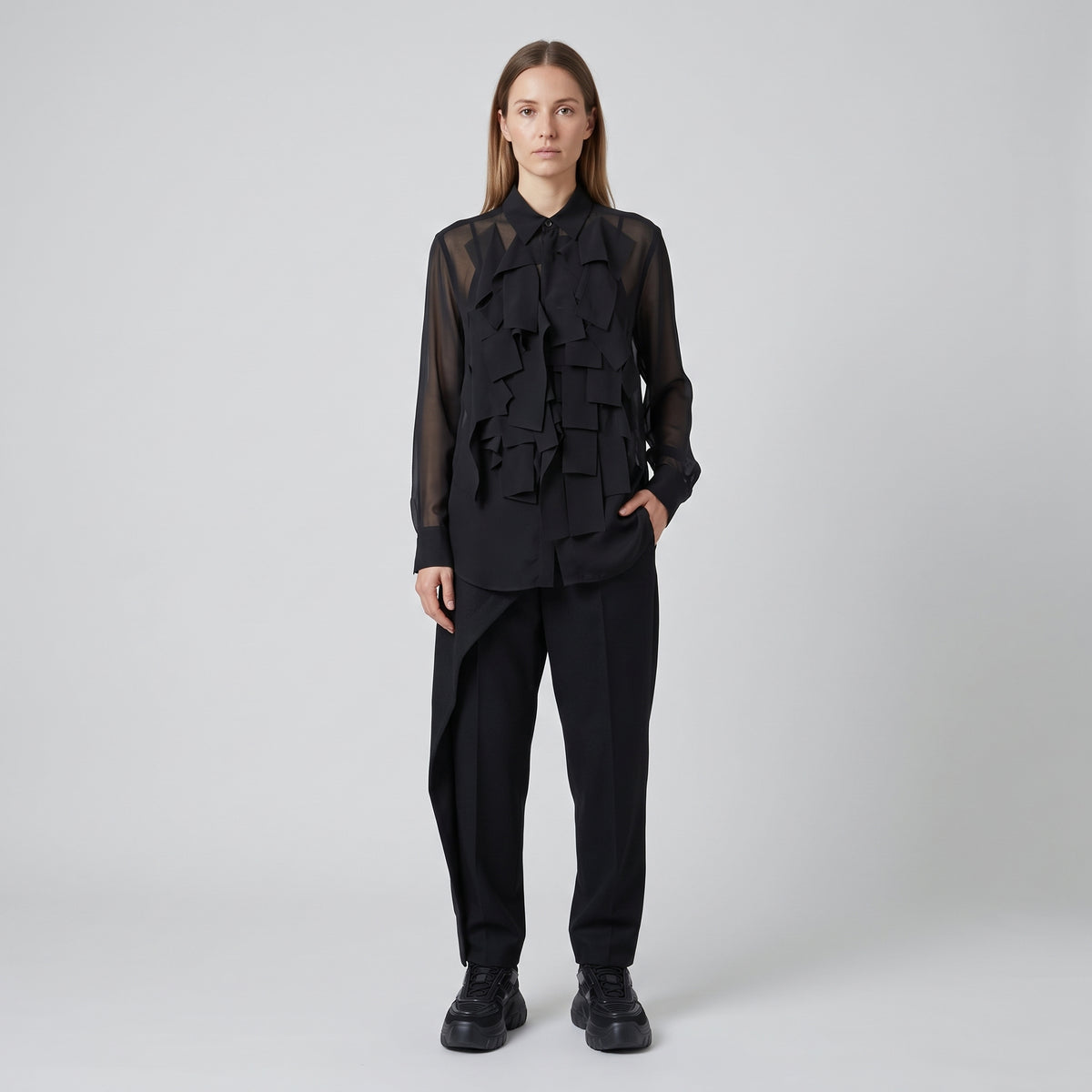 Ruffled Sheer Black Button Shirt
