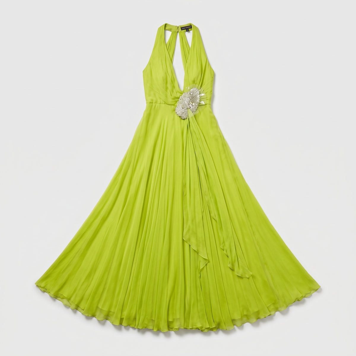 Neon Green Pleated Halter Gown