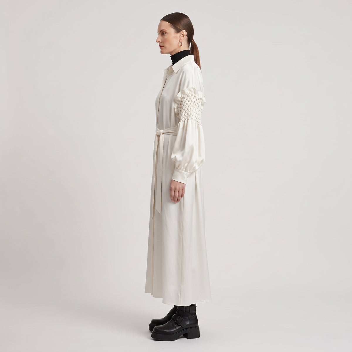 BY FANG Cream Smocked Sleeve Shirt Dress - view 4