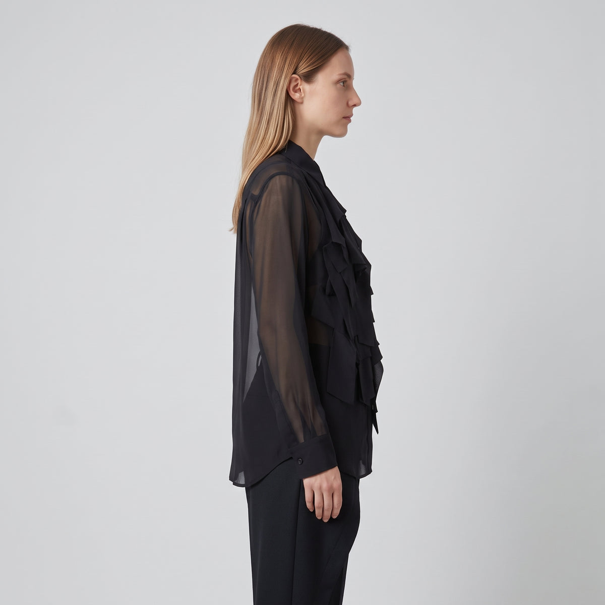 Ruffled Sheer Black Button Shirt