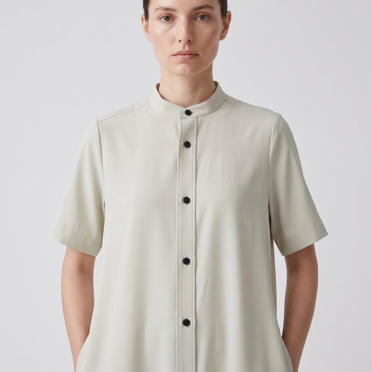 Cream Band Collar Shirt Dress