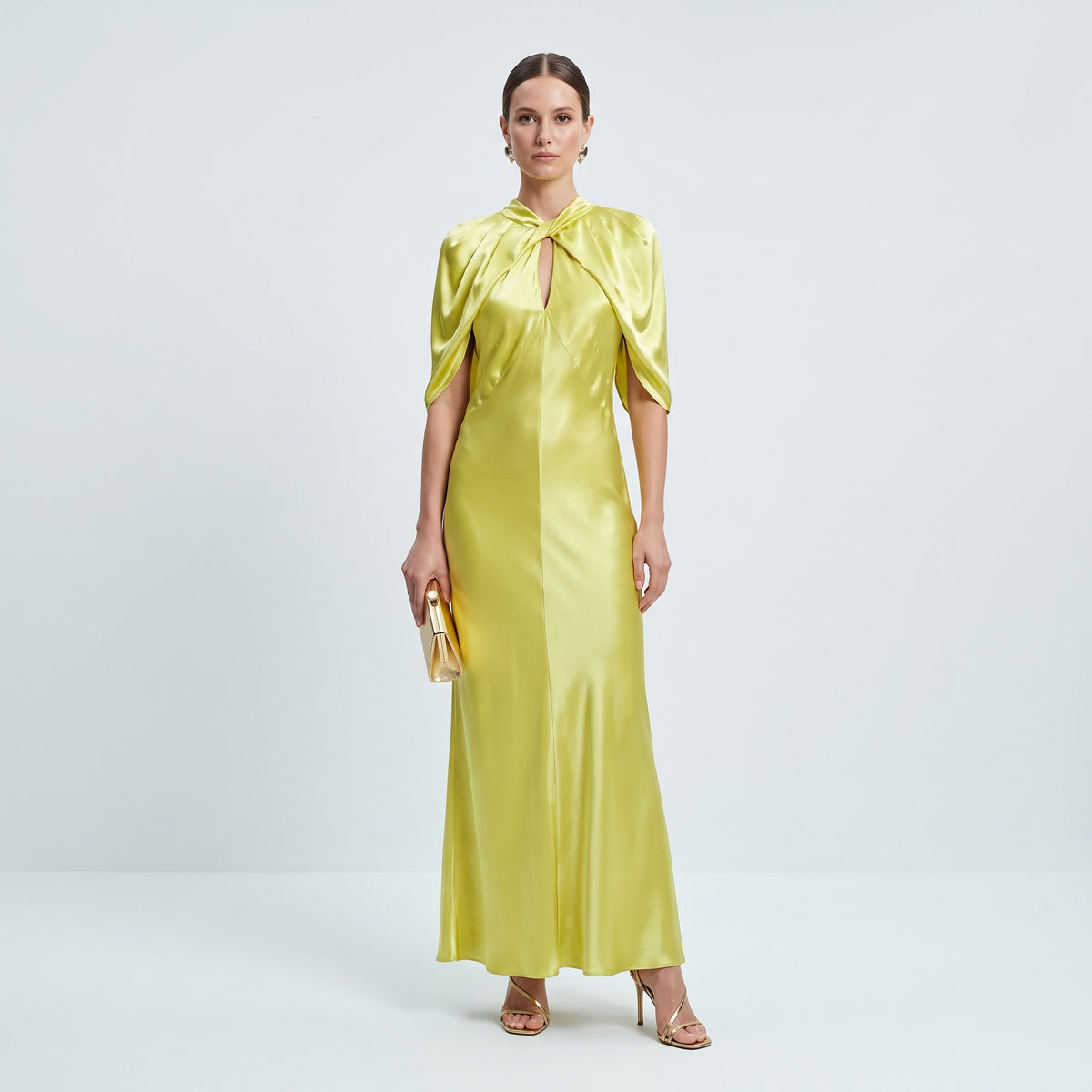 Draped Yellow Satin Maxi Dress