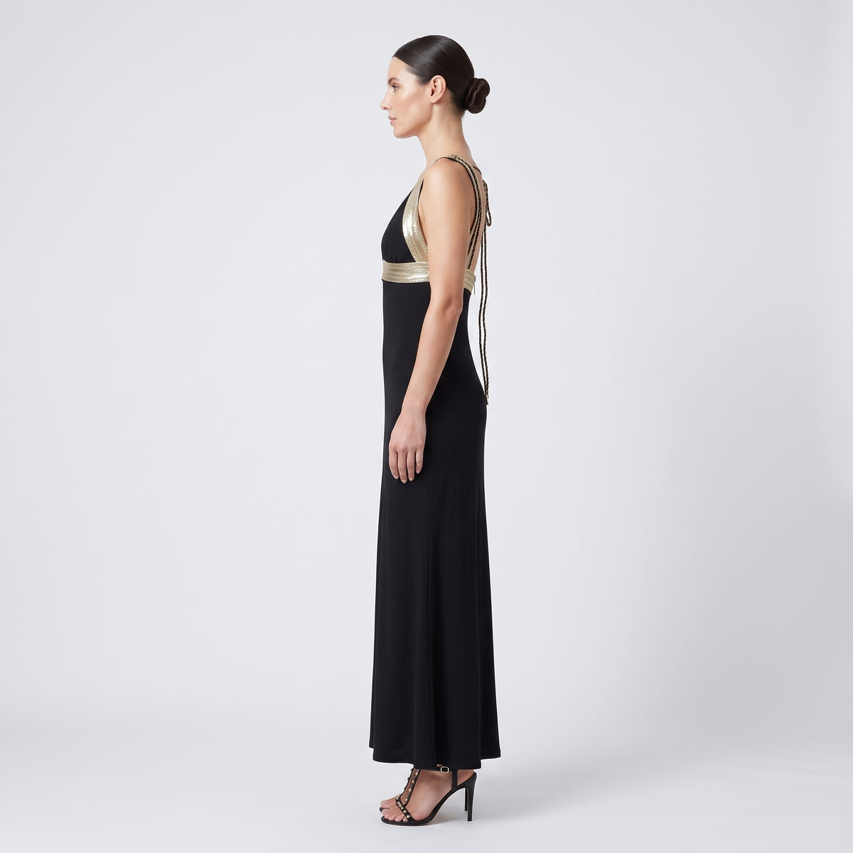 Metallic Trim Black Maxi Dress