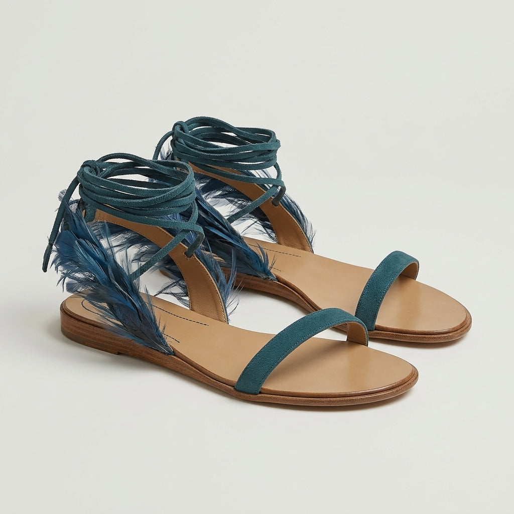 Feather Lace Up Flat Sandals