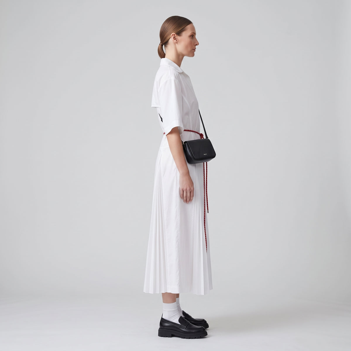 White Pleated Belted Midi Dress