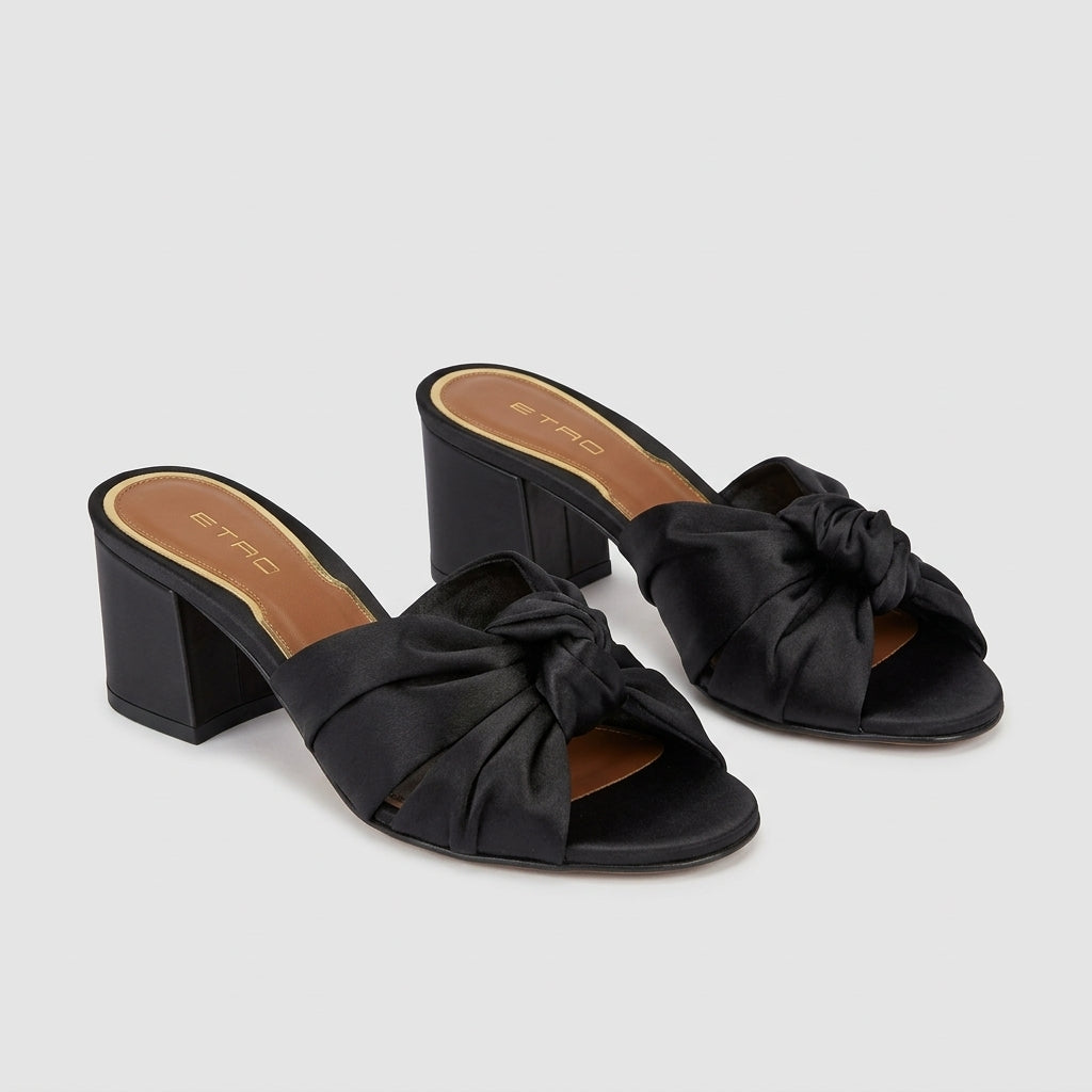 Satin Knotted Block Heel Mules