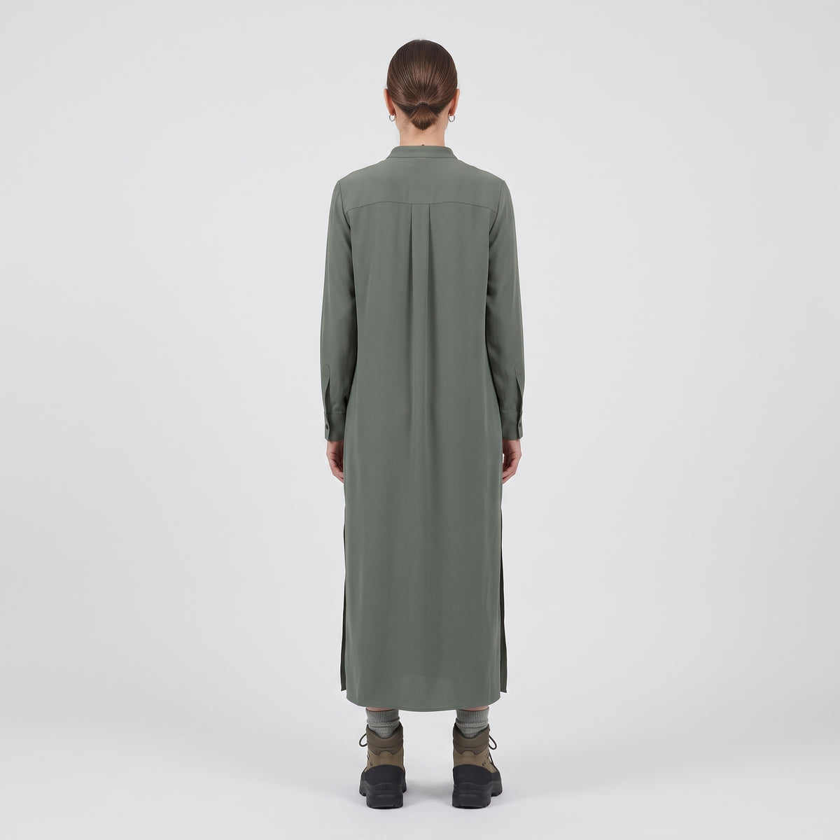 Band Collar Midi Shirt Dress