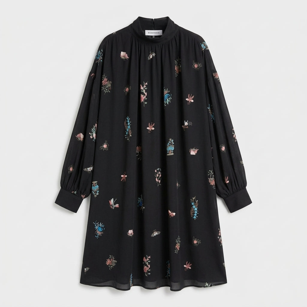 Floral Printed Duchess Silk Dress