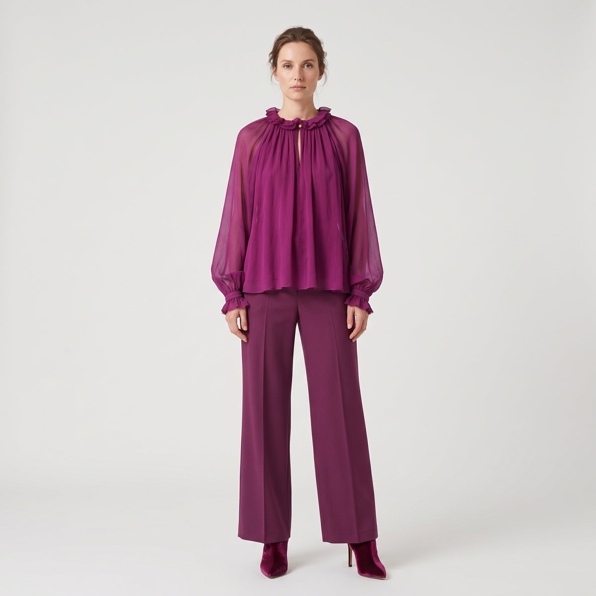Ruffled High-Neck Violet Blouse