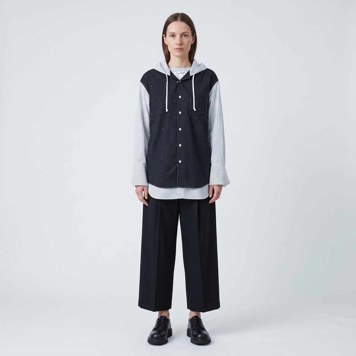 Hooded Splattered Contrast Striped Shirt