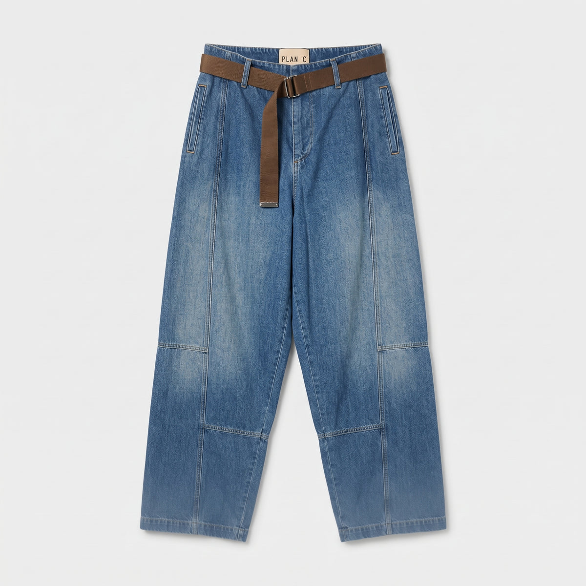 PLAN C Belted Wide Leg Denim Jeans