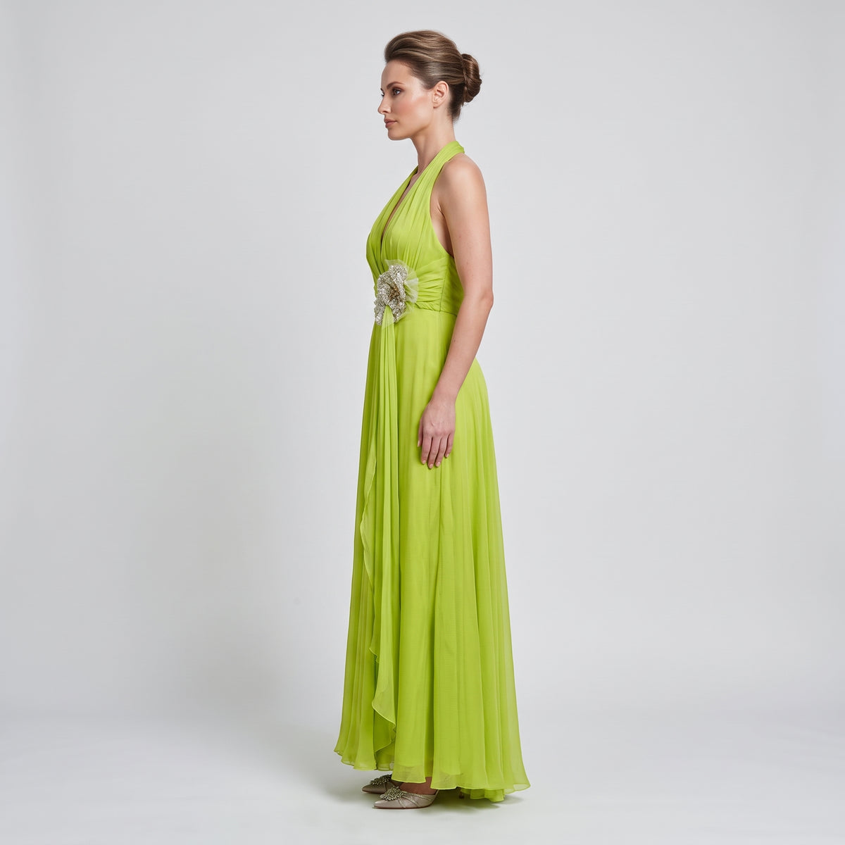 Neon Green Pleated Halter Gown