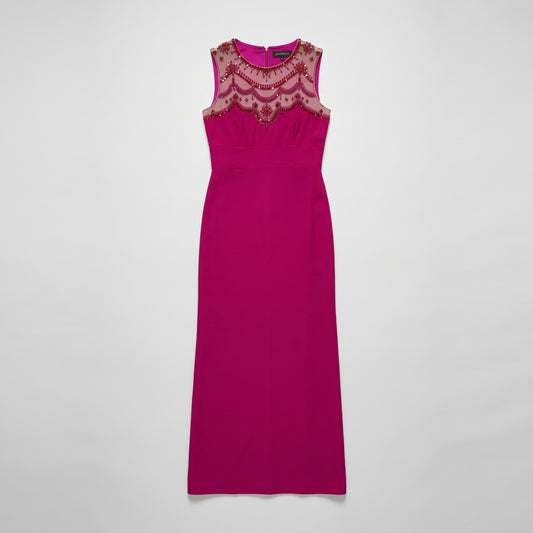 Fuchsia Beaded Illusion Neck Gown