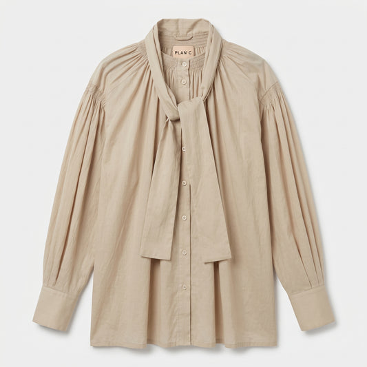 Smocked Tie-Neck Cotton Blouse