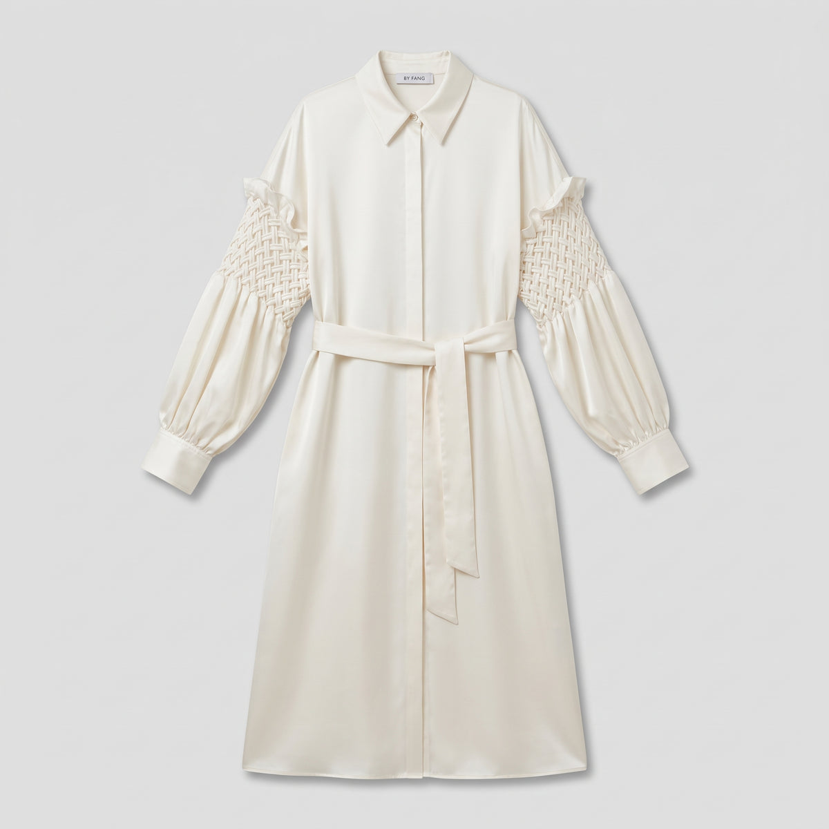 BY FANG Cream Smocked Sleeve Shirt Dress