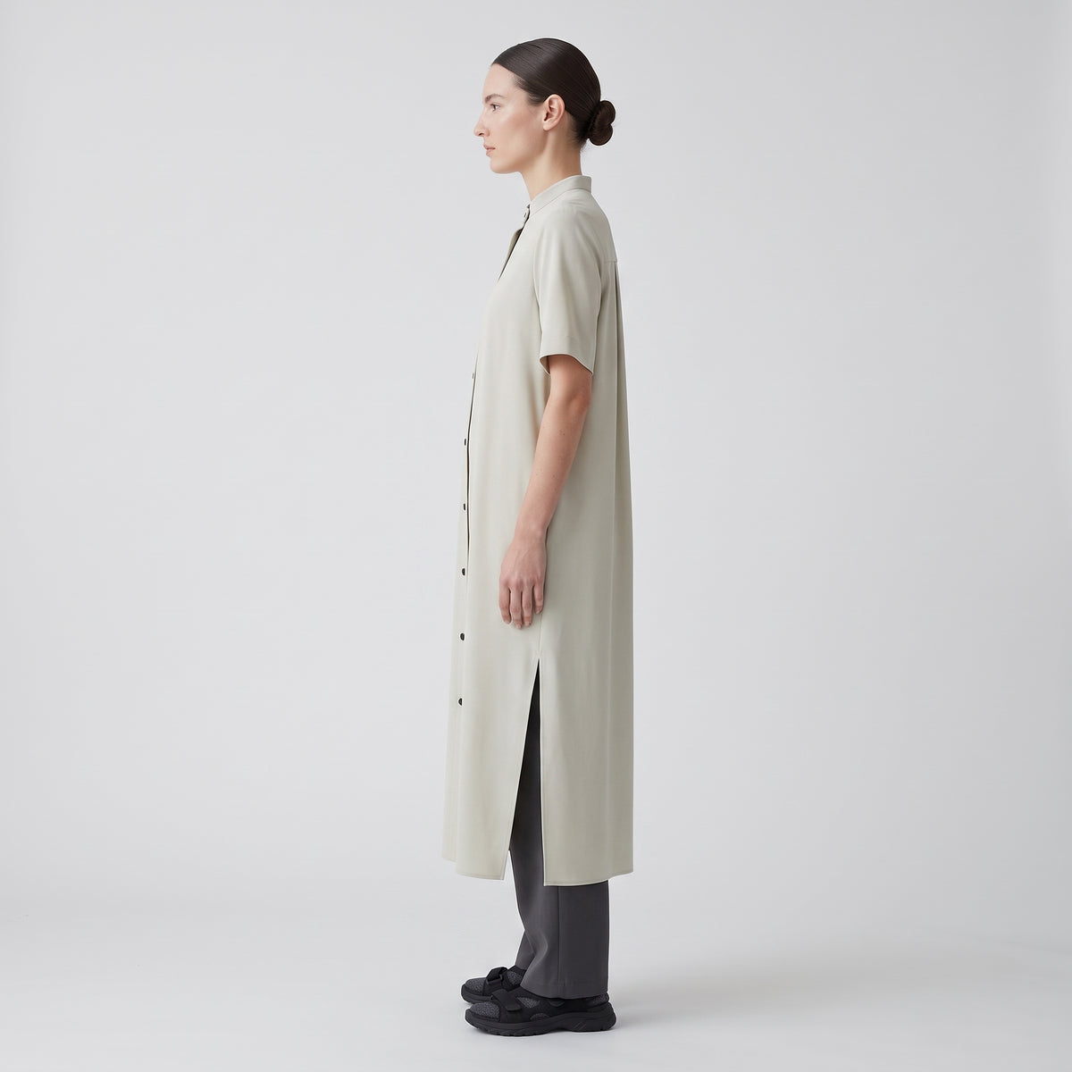 Cream Band Collar Shirt Dress