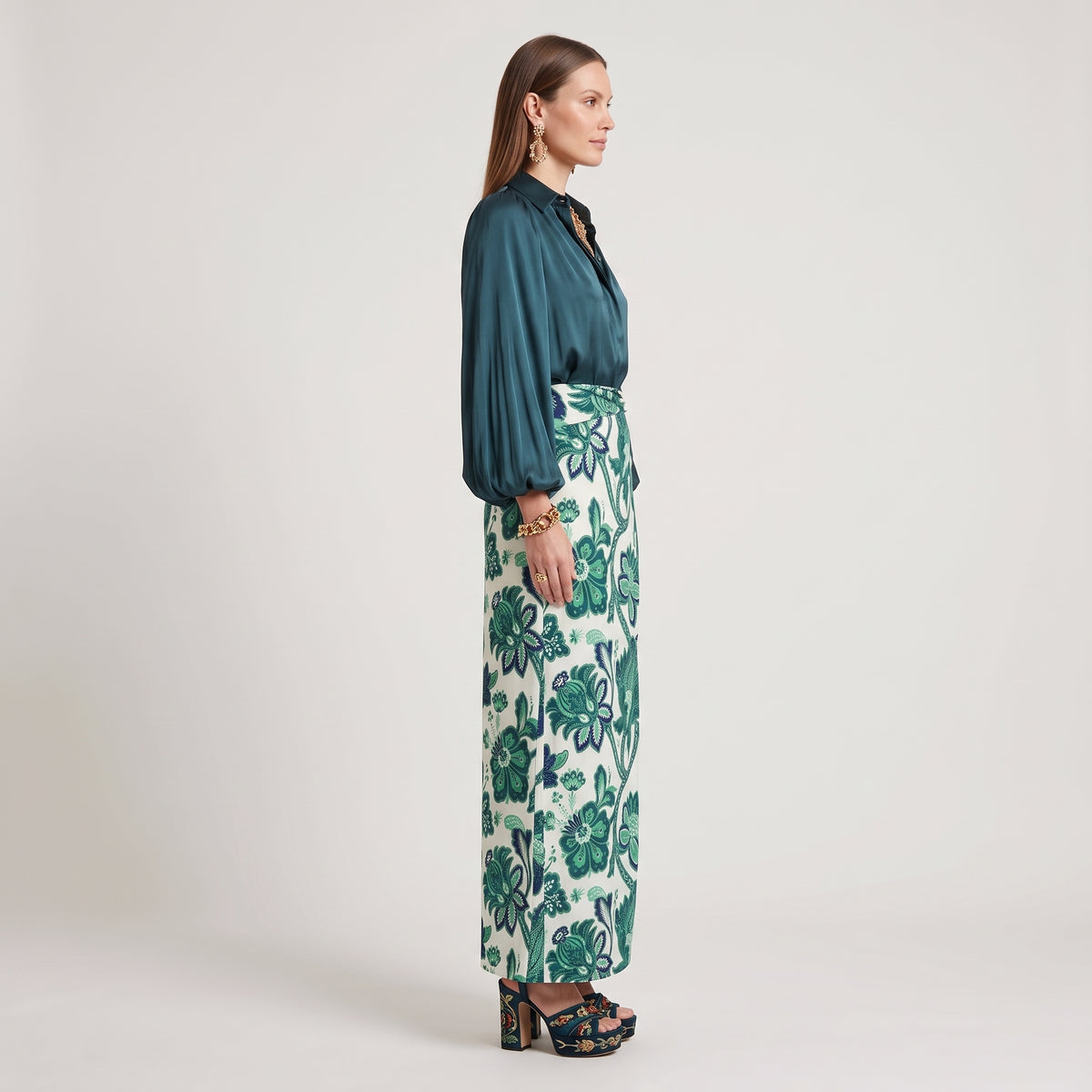 Green Floral Wrap Midi Skirt