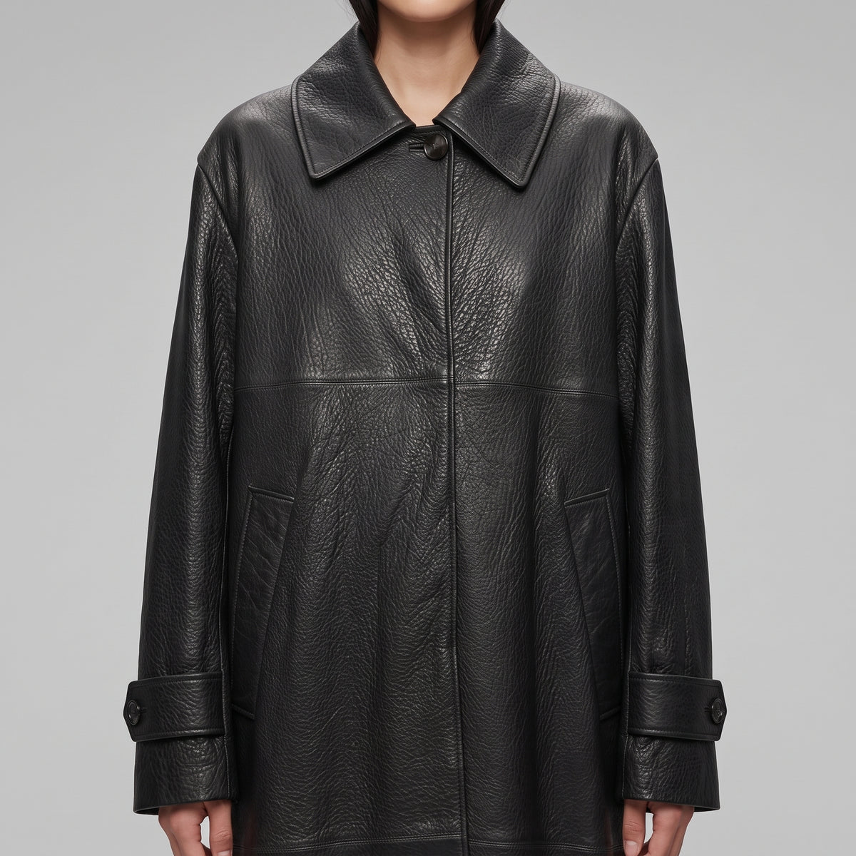 RODEBJER Black Textured Leather Long Coat - view 2