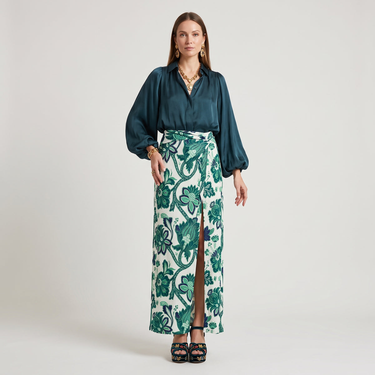 Green Floral Wrap Midi Skirt