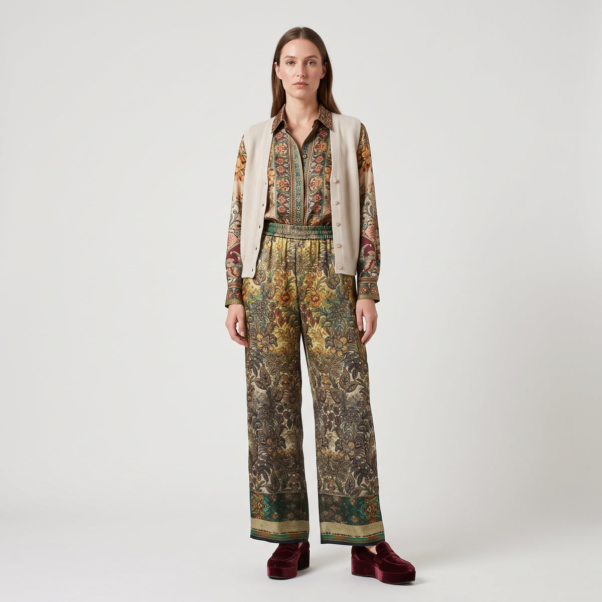 Printed Wide Leg Silk Trousers