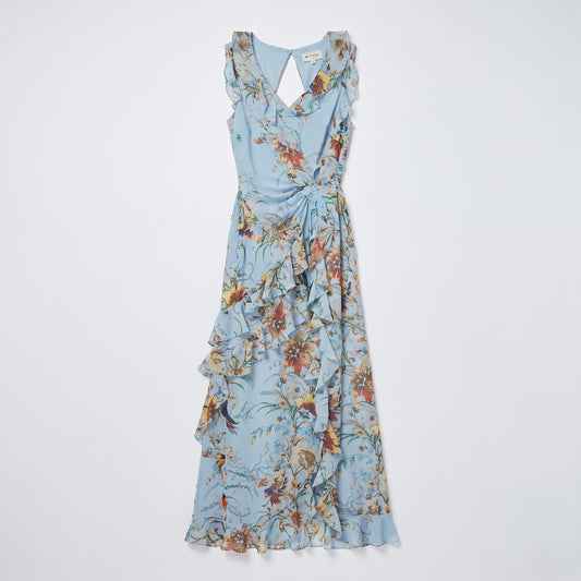 Blue Floral Ruffle Maxi Dress