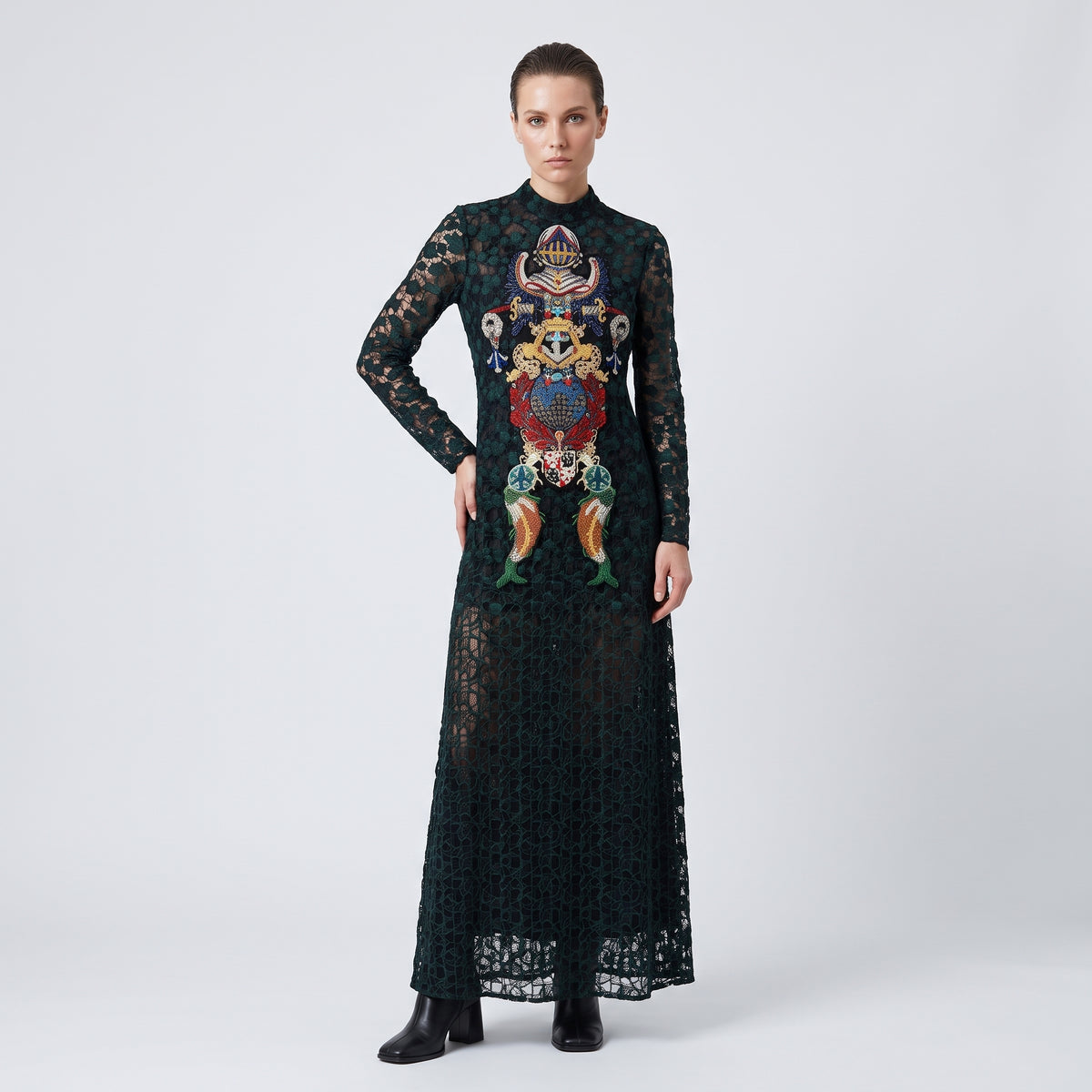 Beaded Emblem Lace Maxi Dress