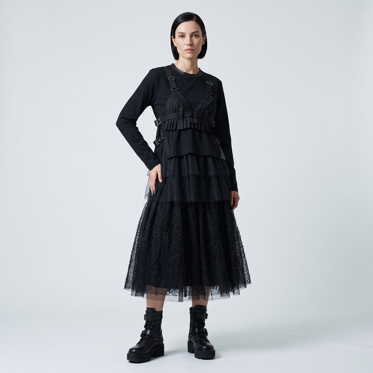 Buckled Tulle Hem Knit Top