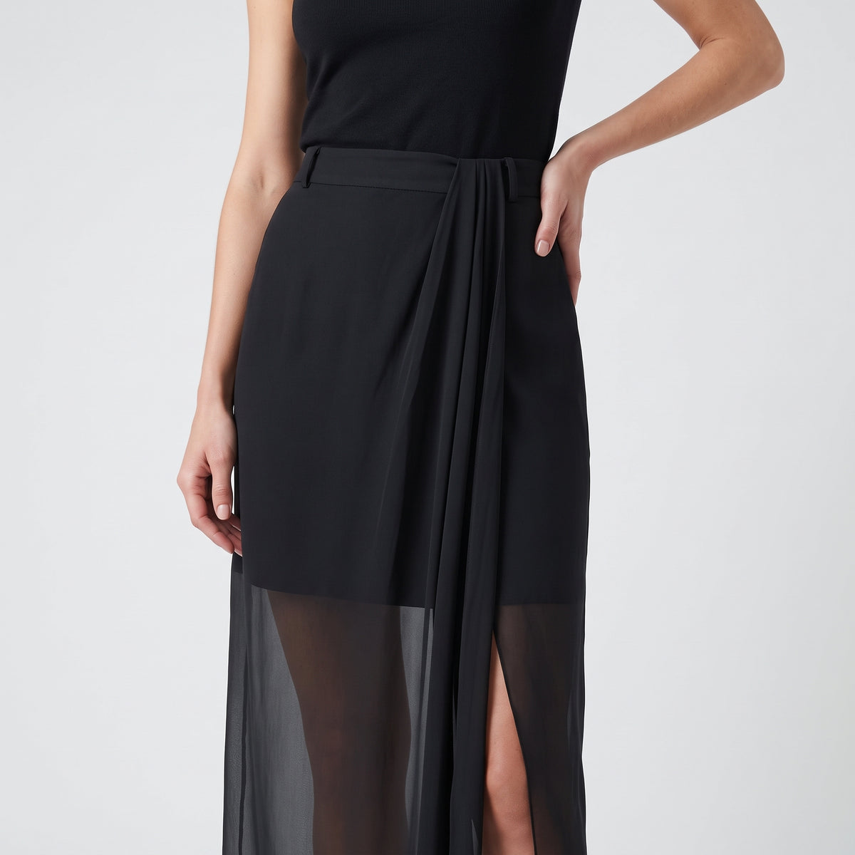 Draped Sheer Overlay Maxi Skirt