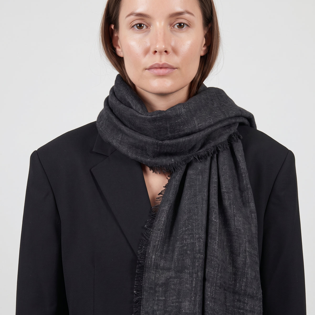 AMA PURE Fringed Black Wool Stole Scarf - view 6