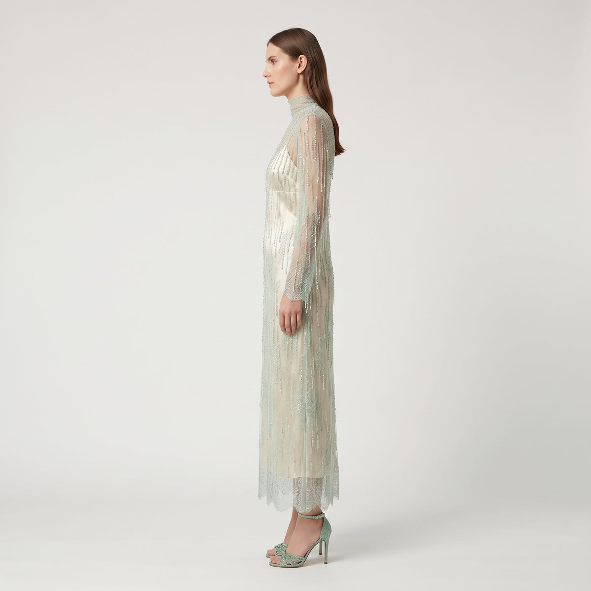 Beaded Mesh Layered Midi Dress