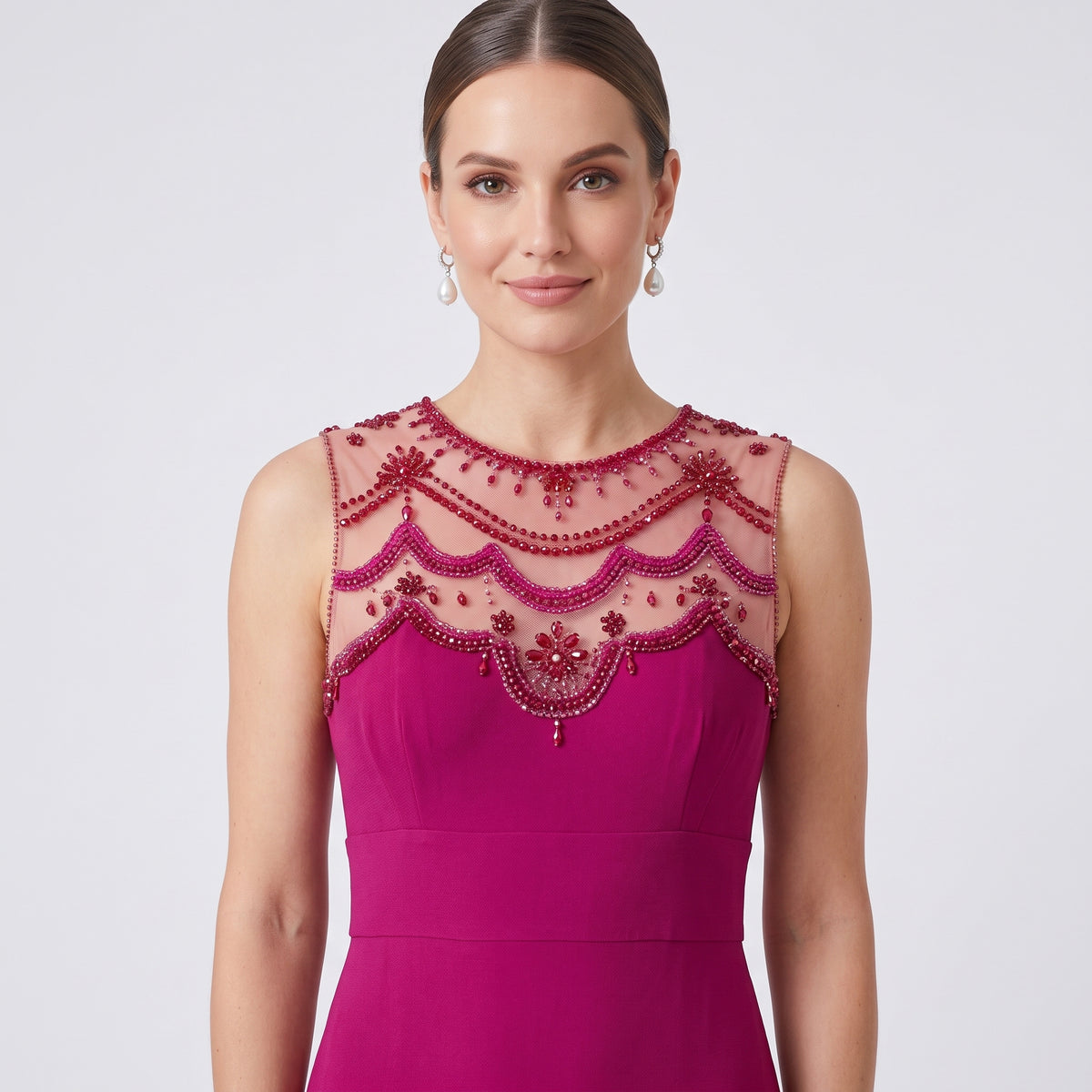 Fuchsia Beaded Illusion Neck Gown
