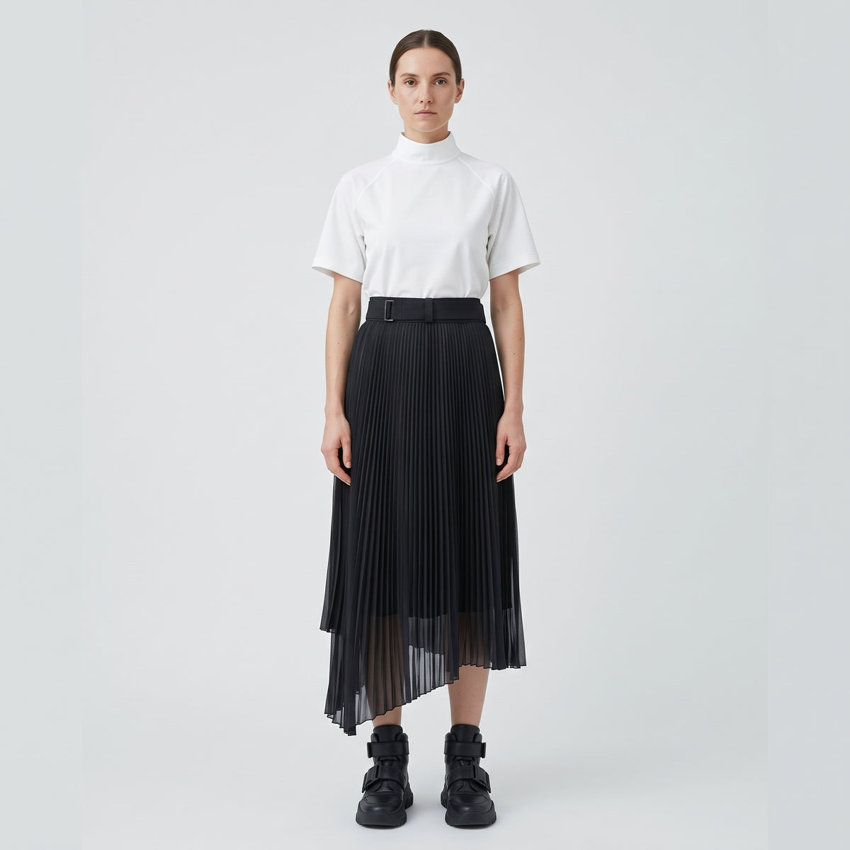 Belted Asymmetric Pleated Skirt