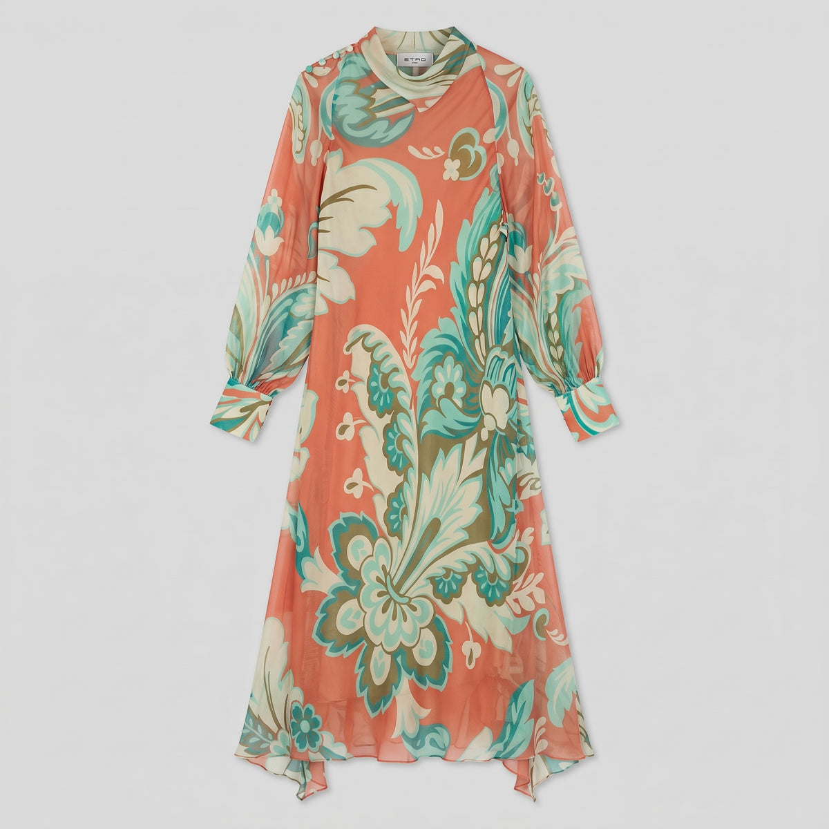 Orange Floral Silk Midi Dress