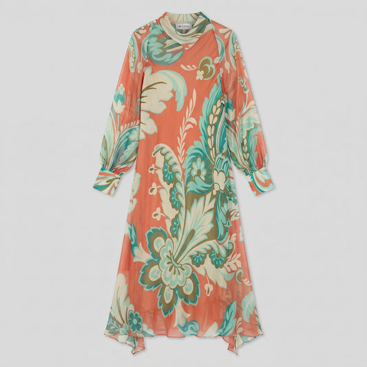 Orange Floral Silk Midi Dress