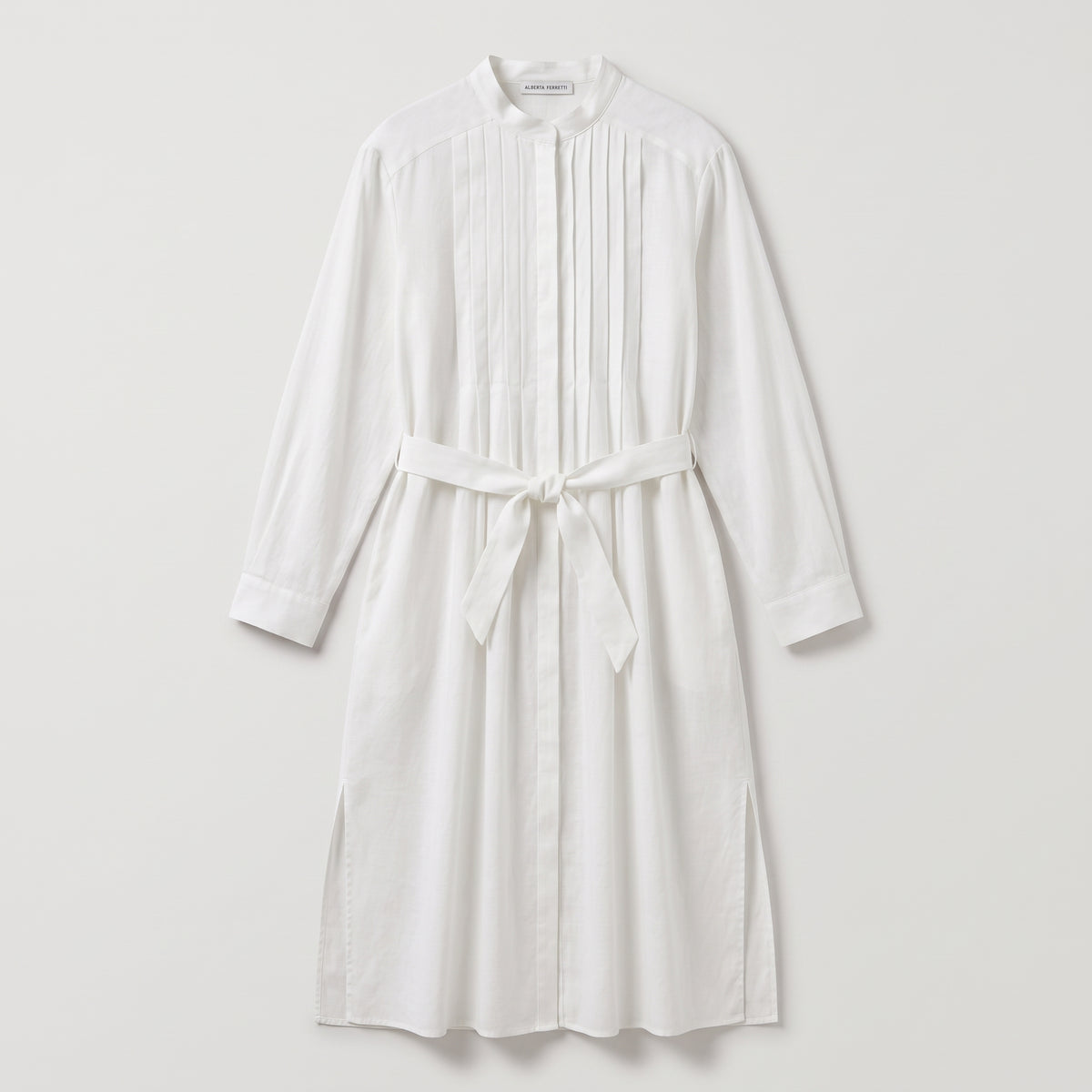 ALBERTA FERRETTI White Pleated Belted Shirt Dress