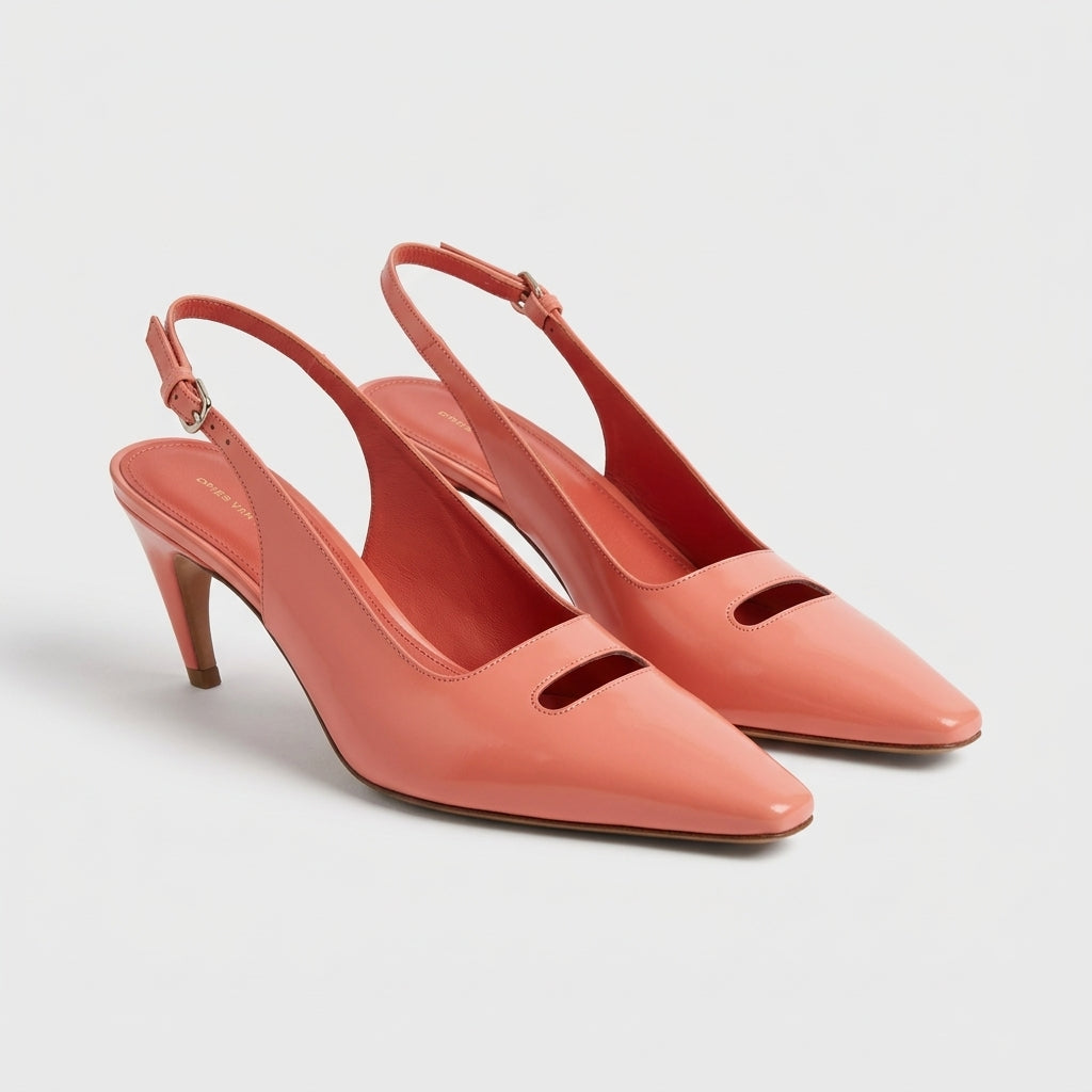 Patent Salmon Cutout Slingback Heels