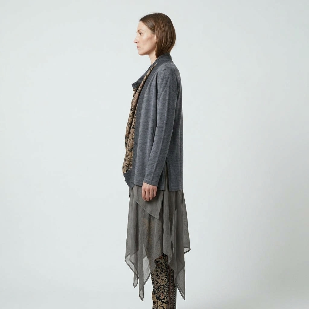 Printed Silk Layered Knit Cardigan