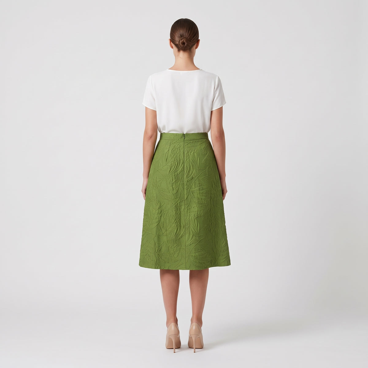Textured Leaf Print Midi Skirt
