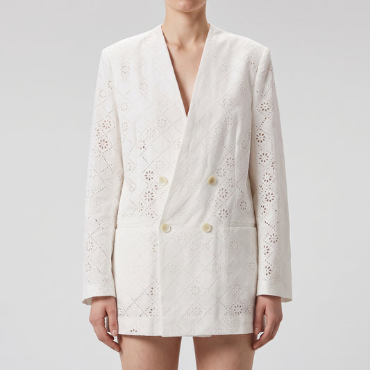 White Eyelet Double Breasted Blazer