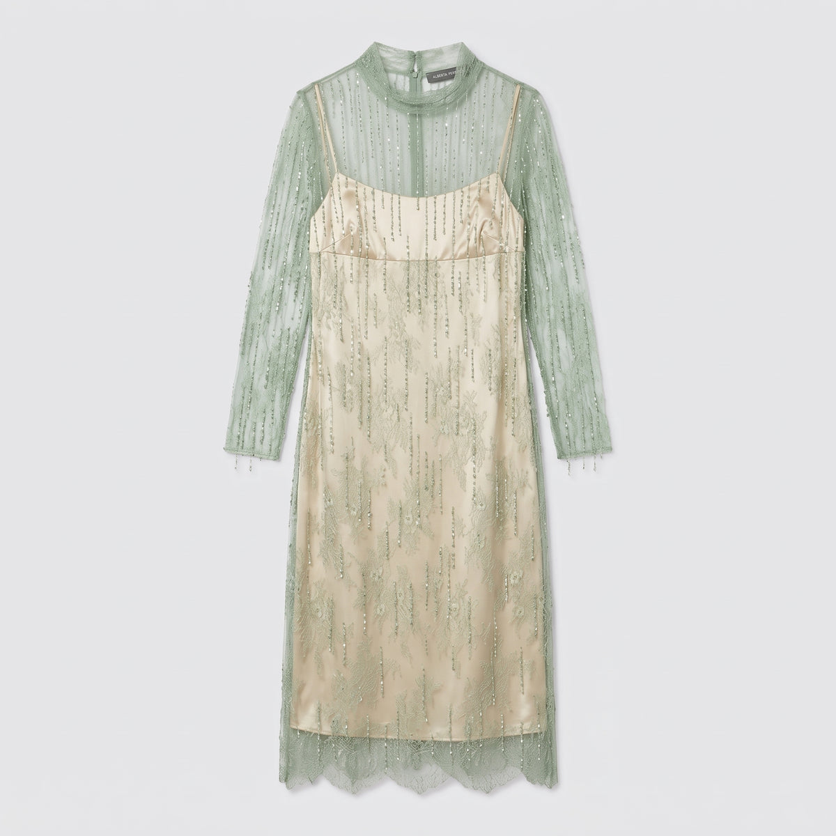 Beaded Mesh Layered Midi Dress