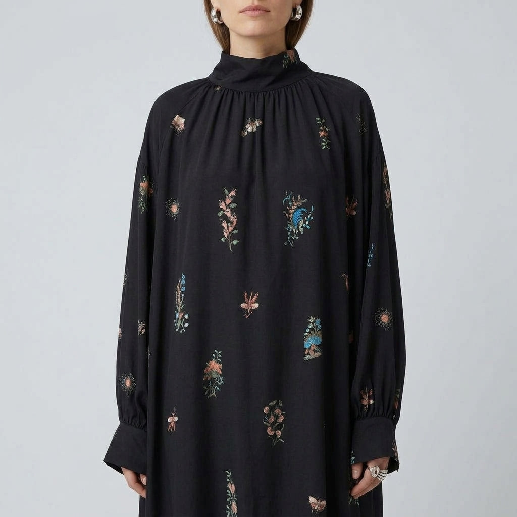 Floral Printed Duchess Silk Dress