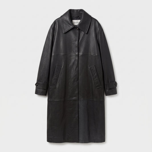 RODEBJER Black Textured Leather Long Coat
