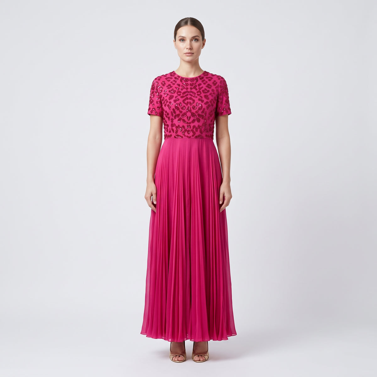Embellished Pleated Midi Dress